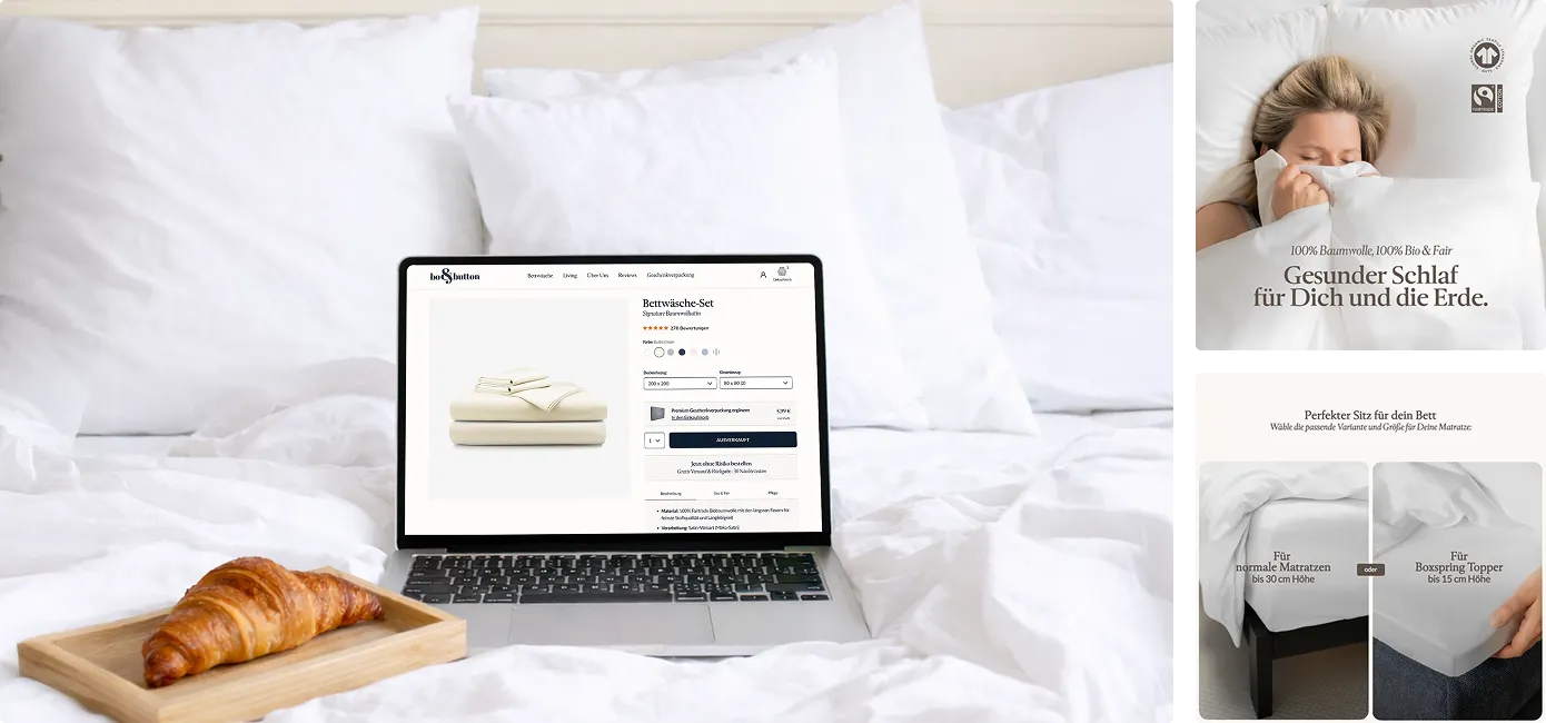 Laptop auf weißem Bett mit einer Webseite für Bettwäsche, daneben ein Tablett mit Croissant, daneben eine Frau, die in weißen Bettlaken schläft und Text zu gesunder Baumwollbettwäsche und perfektem Sitz für verschiedene Matratzentypen.
