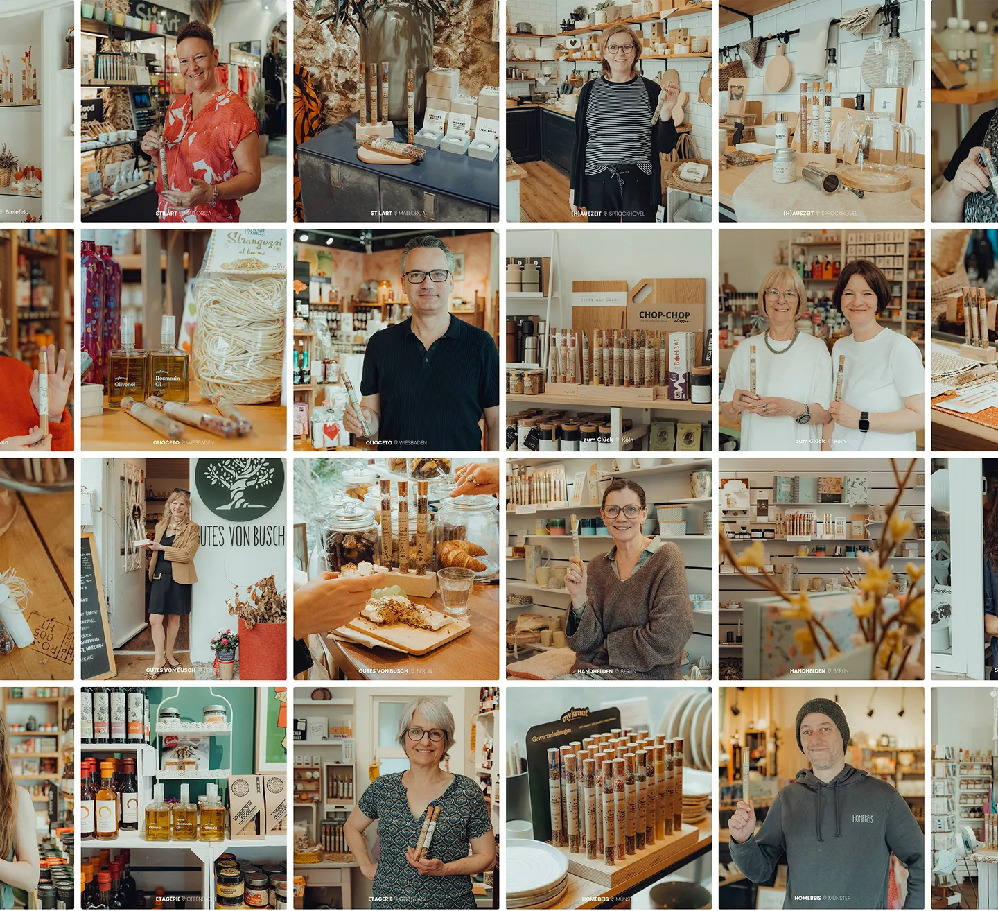 Collage mit verschiedenen Menschen und Geschäften, die Gewürzstreuer in Tuben präsentieren, aufgenommen in Ladenumgebungen in Deutschland.