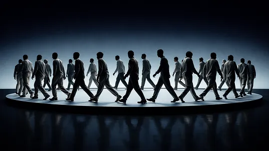 Mehrere Personen in dunkler Kleidung gehen im Kreis auf einer beleuchteten Bühne mit spiegelndem Boden.