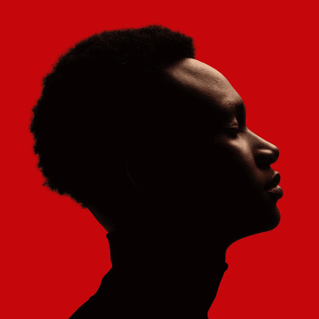 Silhouette eines Afroamerikaners im Profil vor rotem Hintergrund mit geschlossenen Augen.
