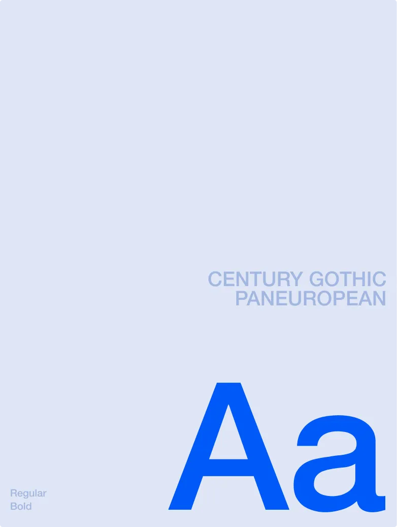 Darstellung der Schriftart Century Gothic Paneuropean mit den Buchstaben Aa in großer blauer Schrift und den Worten Regular und Bold in kleiner, blasser Schrift.