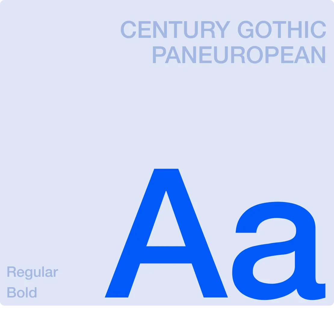 Beispiel des Century Gothic Paneuropean Schriftschnitts mit Groß- und Kleinbuchstaben Aa in Blau.