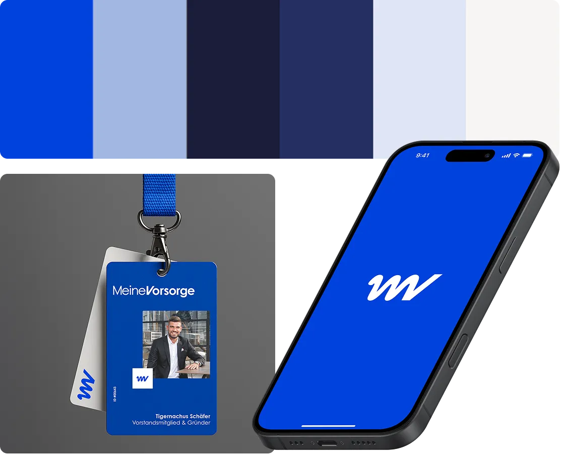 Ein Ausweis mit blauem Hintergrund und Bild von Tigernachus Schäfer, neben einem Smartphone mit blauem Bildschirm und weißem Logo.