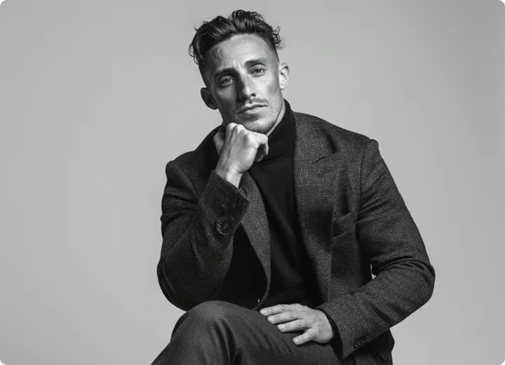 Schwarz-weiß-Porträt eines Mannes mit zurückgekämmtem Haar, der nachdenklich mit der Faust am Kinn sitzt, bekleidet mit einem dunklen Mantel und Rollkragenpullover.