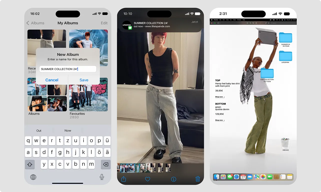 Drei Smartphone-Bildschirme zeigen einen Fotoalbum-Ordner namens Sommerkollektion, ein Model in lockerer Jeans und schwarzem Tanktop, und eine modische Person hebt einen Laptop mit grünen Hosen vor einem weißen Hintergrund.