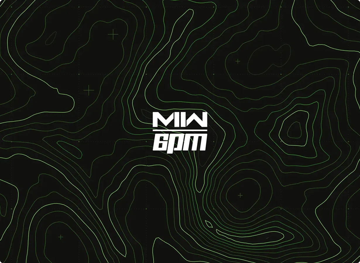 Weißes stilisiertes Logo mit dem Text 'MIN 6PM' vor schwarzem Hintergrund mit grünem Konturliniendesign.