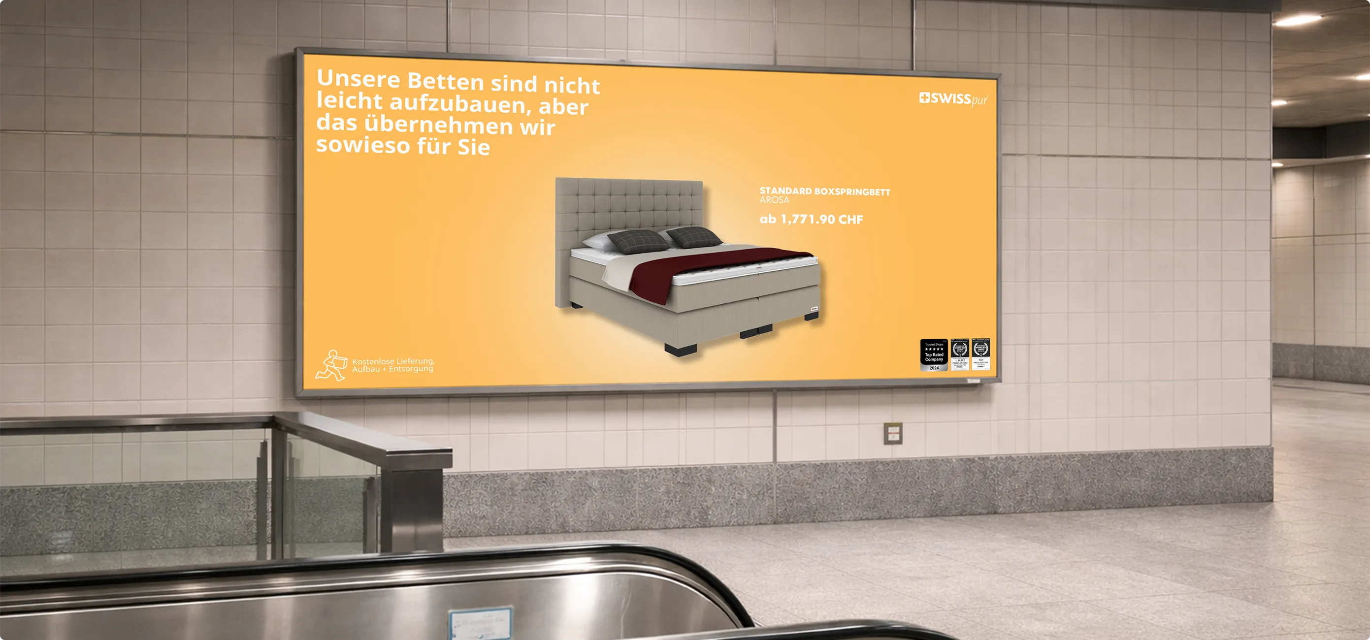 Werbung für ein Standard Boxspringbett Arosa mit Preis ab 1.771,90 CHF und Hinweis auf kostenlose Lieferung, Aufbau und Entsorgung.