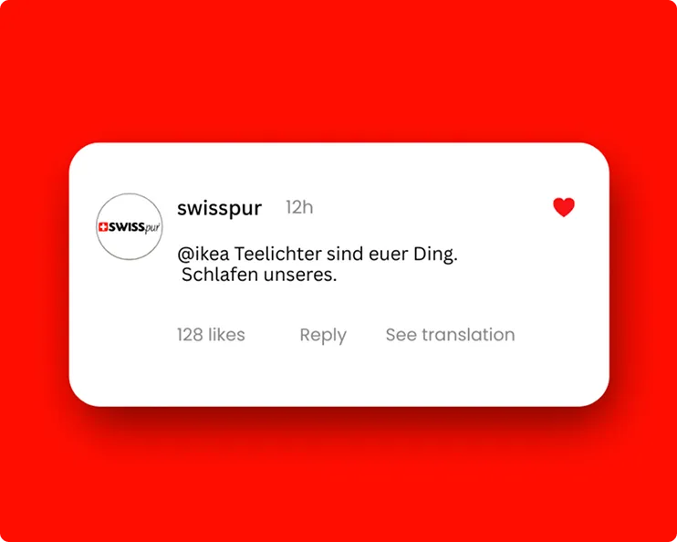 Kommentar von swisspur auf rotem Hintergrund: '@ikea Teelichter sind euer Ding. Schlafen unseres.' mit 128 Likes und Herzsymbol.
