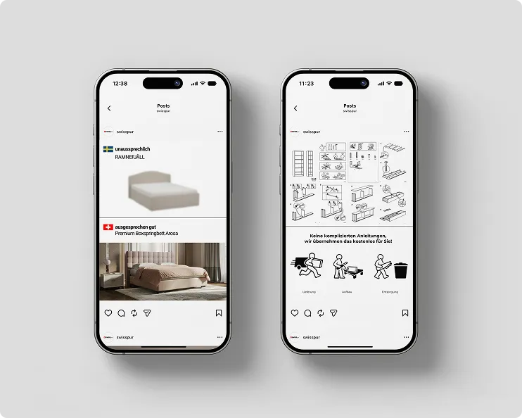 Zwei Smartphones zeigen Instagram-Posts von Schlafzimmermöbeln, links ein Bett mit schwedischer und Schweizer Flagge, rechts Anleitungsgrafiken zu Lieferung, Aufbau und Entsorgung.
