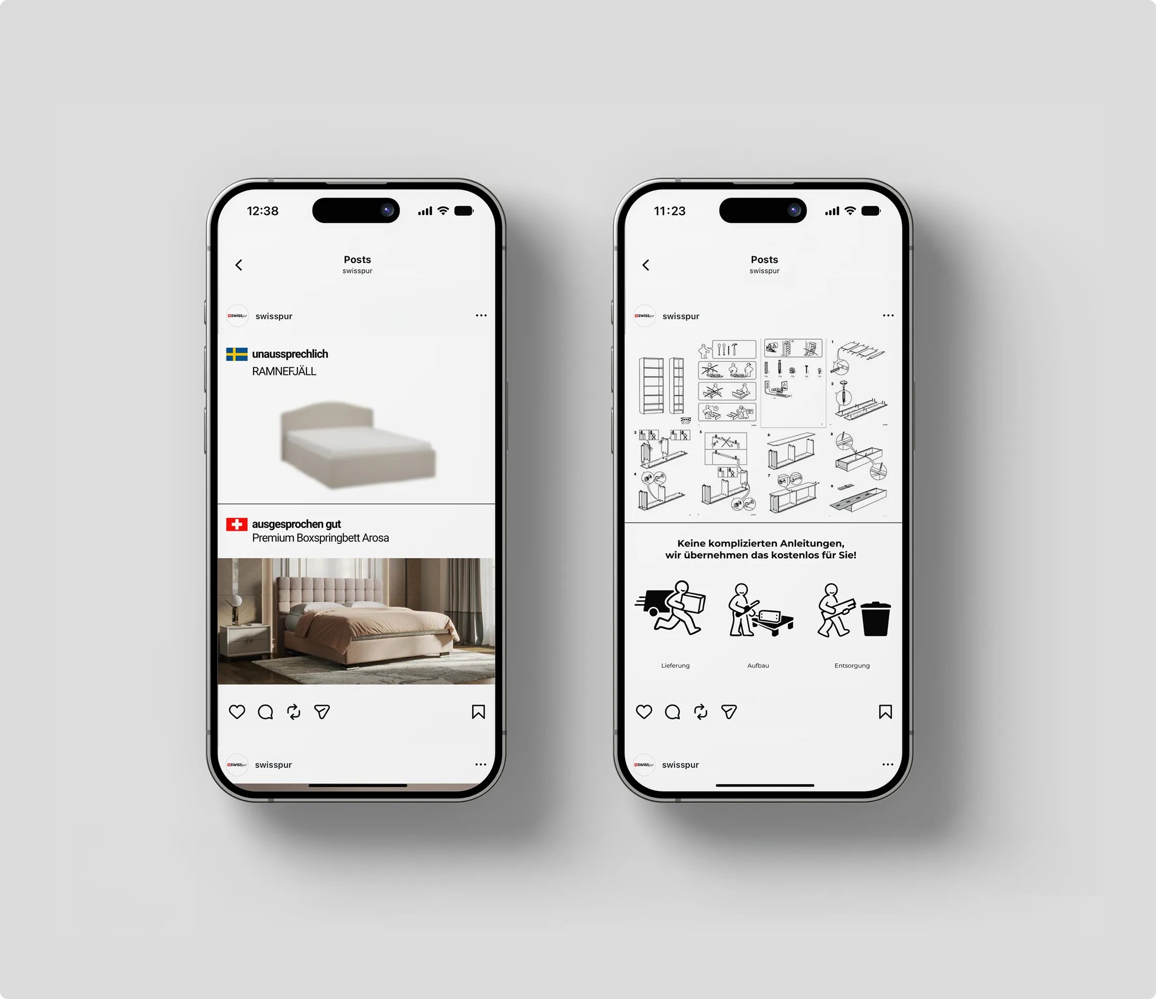 Zwei iPhones zeigen Instagram-Posts: links ein Bett mit Texten in Schwedisch und Deutsch, rechts Montageanleitung-Symbole mit Text auf Deutsch.