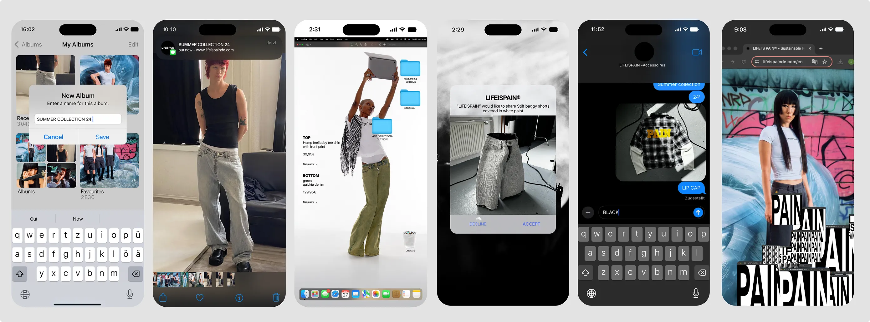 Collage of six smartphone screenshots showing a new photo album creation, a person wearing baggy grey jeans, a fashion catalog with a model holding a laptop, a sharing request for white paint-covered baggy shorts, a text conversation about a plaid shirt, and a woman standing in front of graffiti with large 'PAIN' text overlays.
