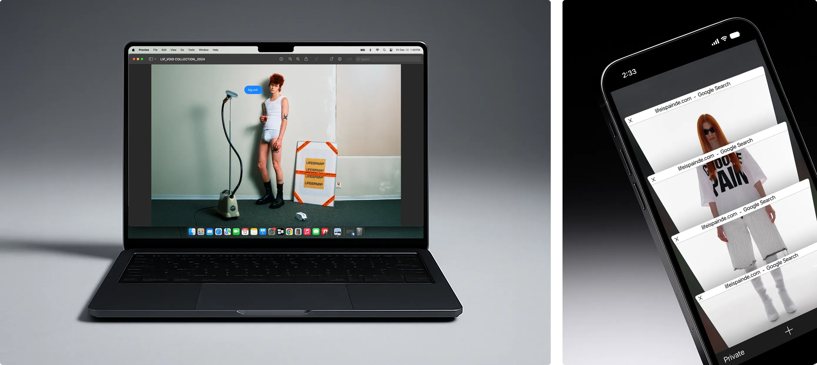 Ein aufgeklappter Laptop zeigt ein Bild einer Person in Unterwäsche neben einem Steamer und einem Karton mit Warnband, während ein Smartphone daneben mehrere überlappende Browserfenster mit einer rothaarigen Person in weißer Kleidung anzeigt.