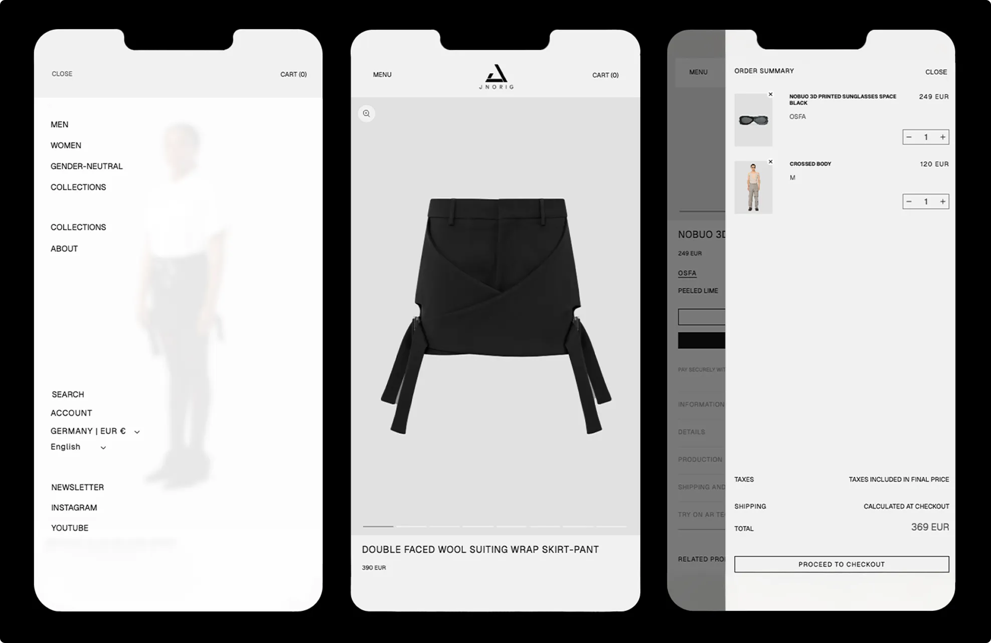 Drei mobile Bildschirme zeigen Navigation, ein schwarzes Wickelrock-Hosen-Design und eine Bestellübersicht mit Artikelbild, Preisen und Warenkorb in einem Online-Shop.