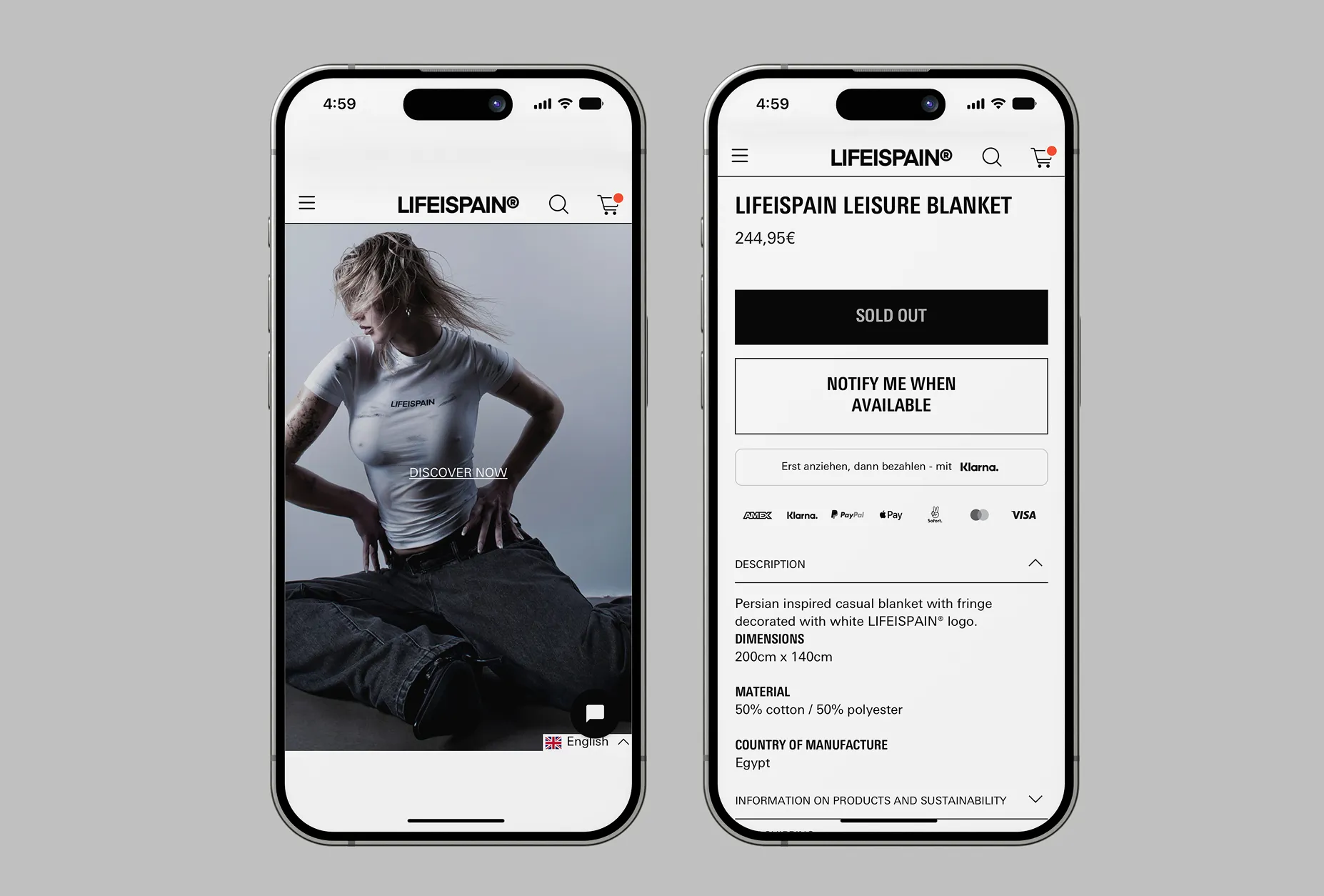 Zwei iPhones zeigen die LIFEISPAIN® Webseite; links eine sitzende Frau mit LIFEISPAIN T-Shirt, rechts Produktseite einer ausverkauften Freizeitdecke.