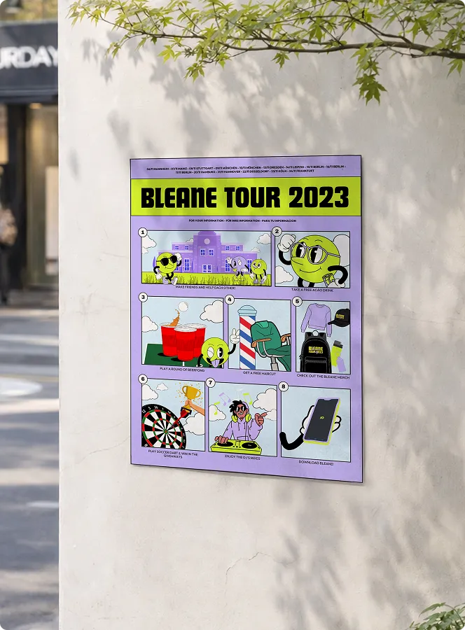 Plakat der Bleane Tour 2023 mit Illustrationen zu Aktivitäten wie Freunde treffen, gratis Getränke, Spielfächer, Frisur, Merchandise, Dart, DJ und App-Download.