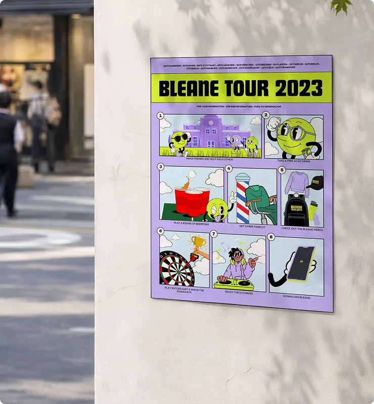 Bunter Poster an einer Wand mit Informationen zur Bleane Tour 2023 und Illustrationen zu Aktivitäten wie Freigetränken, Frisuren, Merchandise, Beerpong, Darts, DJ-Musik und App-Download.