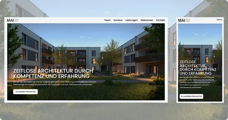 Webseite mit Bild eines modernen Wohngebäudes am Abend und Text über zeitlose Architektur, Kompetenz und Erfahrung, mit Navigationsmenü und Button zu Projekten.