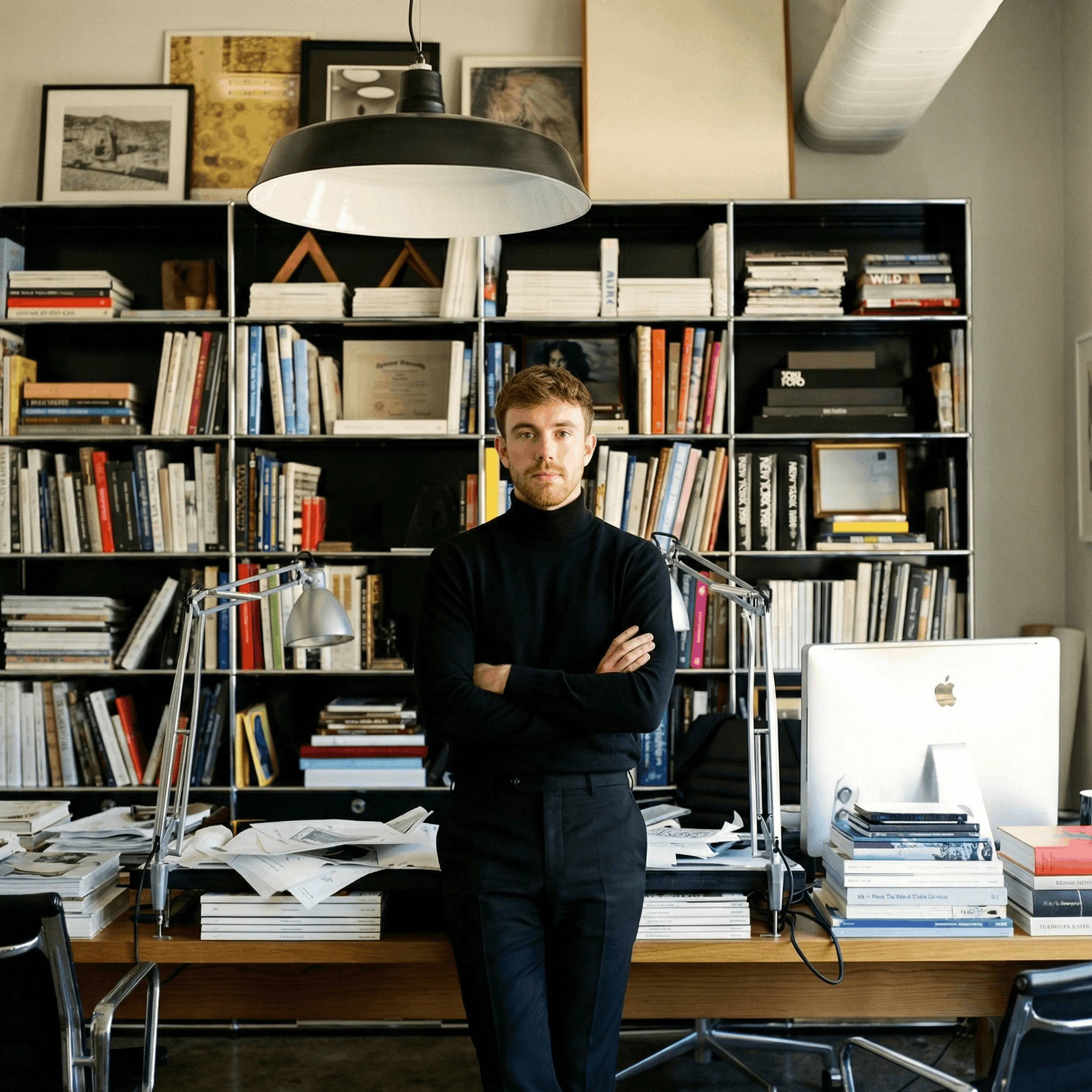 Junger Mann in schwarzem Rollkragenpullover steht mit verschränkten Armen vor einem mit Büchern gefüllten Regal in einem Büro.