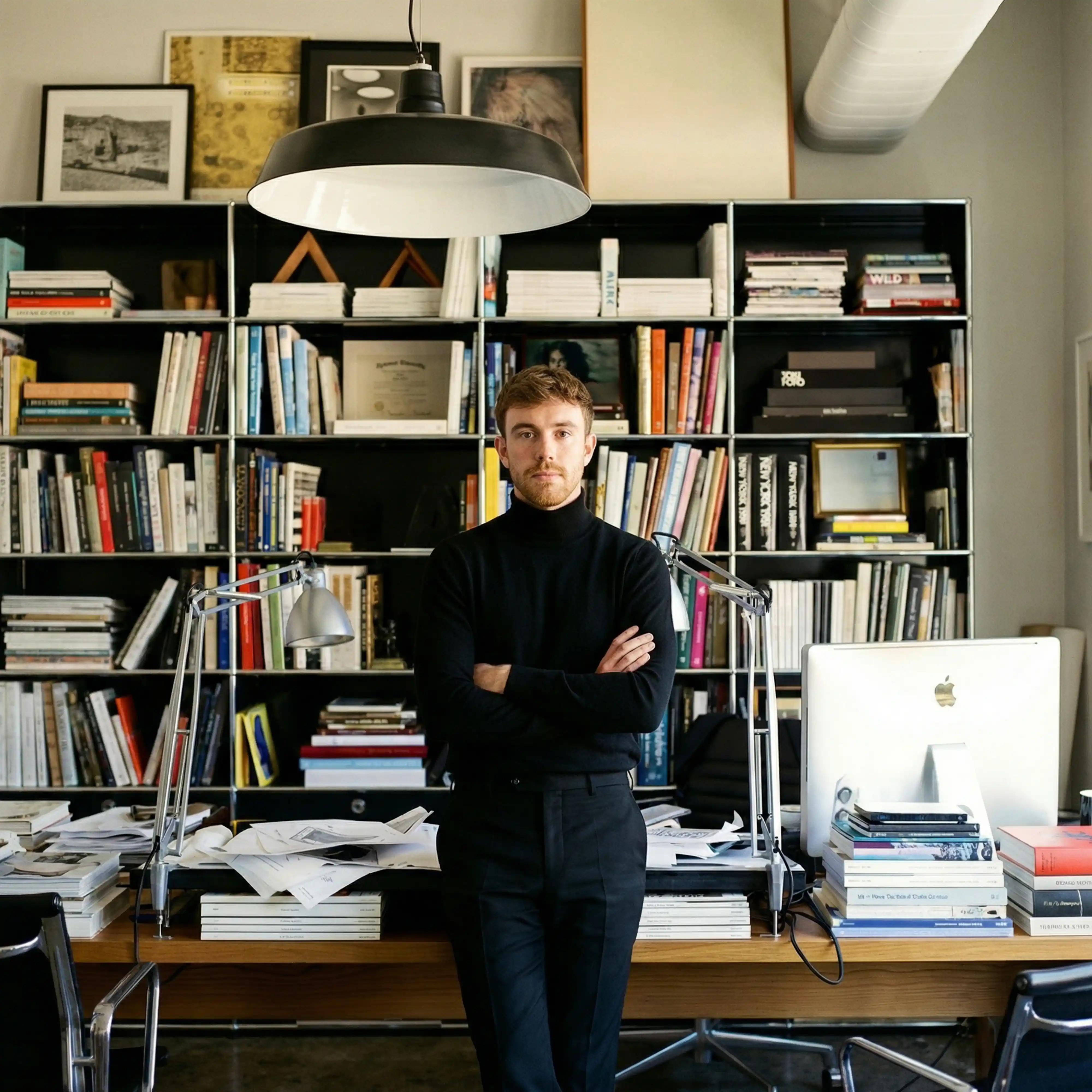 Junger Mann in schwarzem Rollkragenpullover steht vor einem überfüllten Schreibtisch und einem Bücherregal in einem Büro.