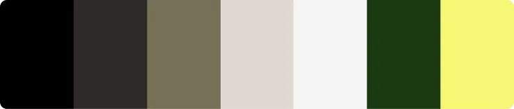 Farbschema mit sieben vertikalen Streifen in Schwarz, Oliv, Hellgrau, Weiß, Dunkelgrün und Gelb.