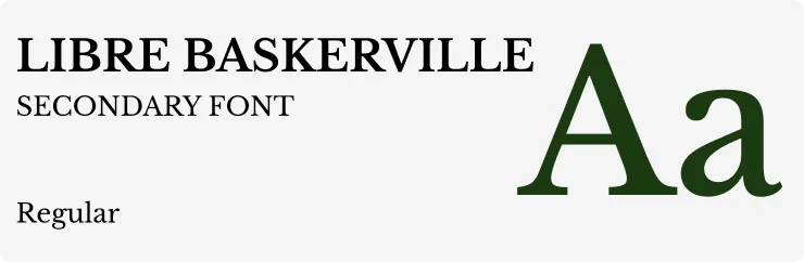 Schriftprobe der Sekundärschriftart Libre Baskerville, zeigt fettgedruckten Schriftzug, Text 'SECONDARY FONT', 'Regular' und große Buchstaben Aa in grüner Farbe.