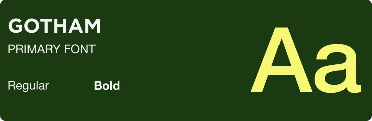 Textbeispiel der Schriftart Gotham als Primärschrift mit den Varianten Regular und Fett neben großen gelben Buchstaben Aa auf dunkelgrünem Hintergrund.