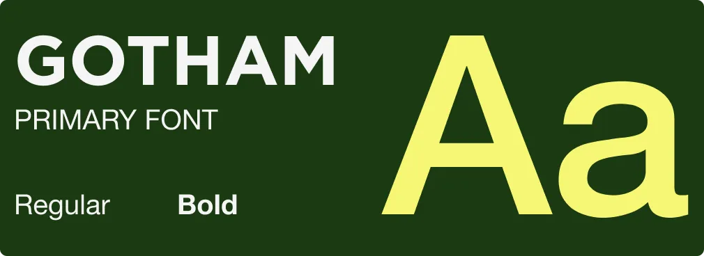 Text showing the primary font Gotham with examples of regular and bold styles and large yellow uppercase and lowercase letter A on a dark green background.