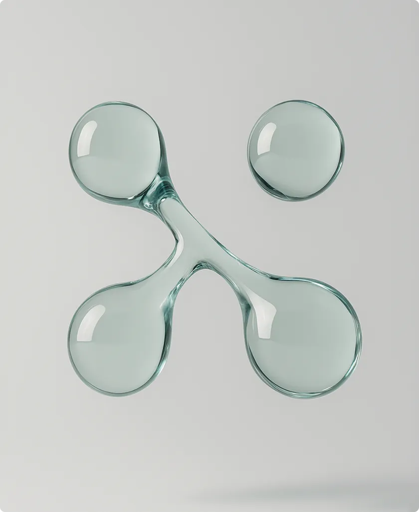 Vier durch transparente, verknüpfte Blasen verbunden vor grauem Hintergrund.