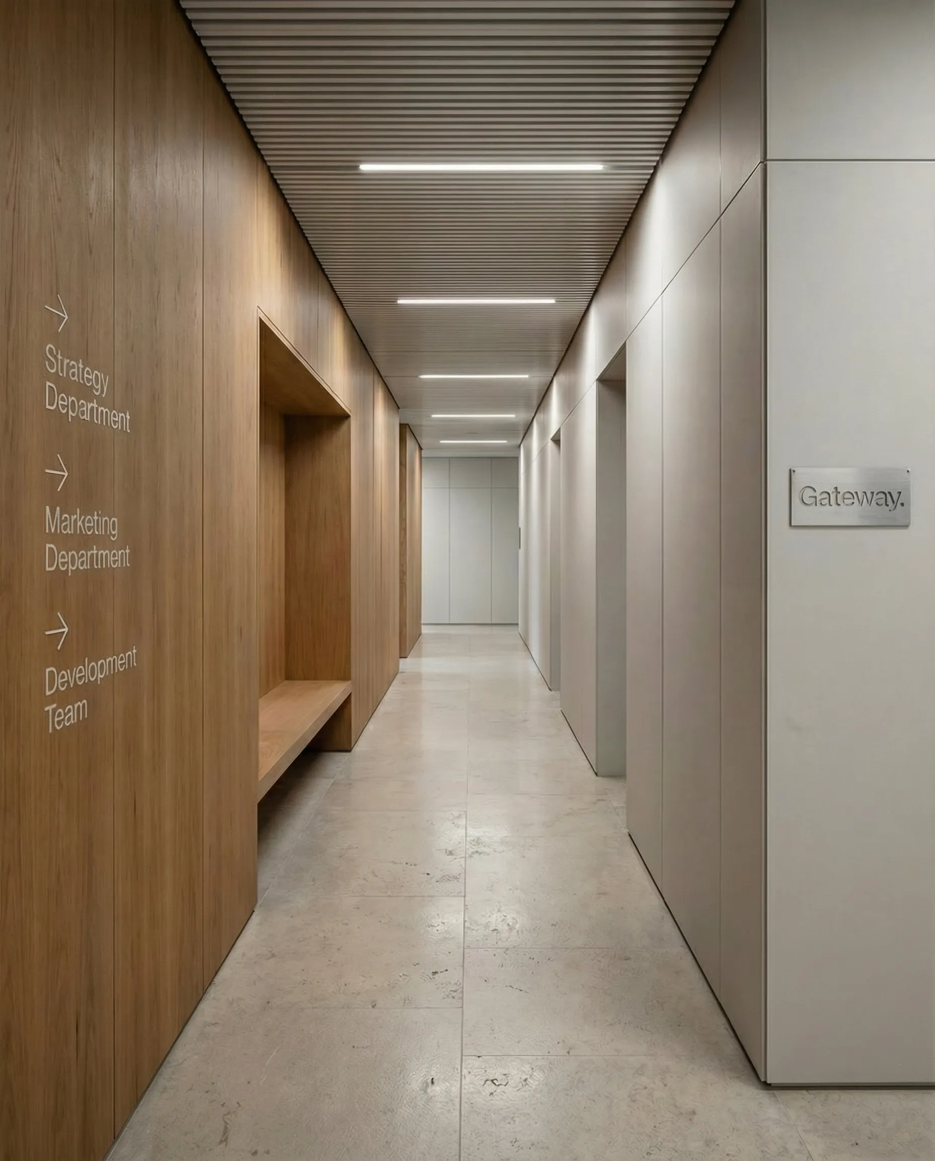 Moderner Flur mit Holzverkleidung und Beschilderungen zu verschiedenen Abteilungen, heller Steinboden und Deckenlichter.