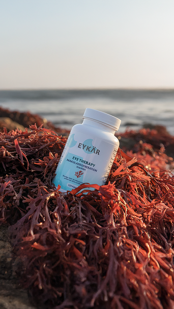 Eine Flasche Eykär Eye Therapy Nahrungsergänzung auf einem Haufen roter Algen am Strand mit Meer im Hintergrund.