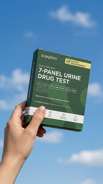 Hand hält eine grüne Verpackung eines hochsensitiven 7-Panel-Urintests gegen einen blauen Himmel mit Wolken.