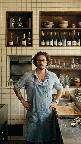 Mann mit Brille und Jeansschürze steht in einer Küche vor Regalen mit Weinen und Gläsern.
