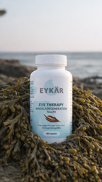 Weiße Flasche mit EYKÄR Eye Therapy Kapseln zur Behandlung der feuchten Makuladegeneration, auf Algen am Strand mit Meer im Hintergrund platziert.
