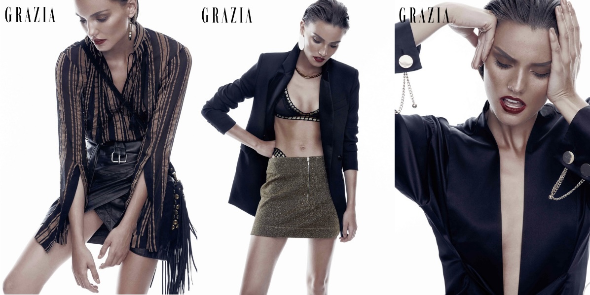 Drei Modeaufnahmen einer Frau in verschiedenen stilvollen Outfits vor weißem Hintergrund.