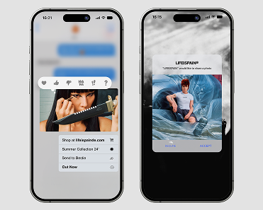 Zwei Smartphones zeigen eine Shopping-App mit einer Frau, die ein Messer hält, und einem Jungen vor einem Wasserfall, mit Optionen zur Produktakzeptanz.