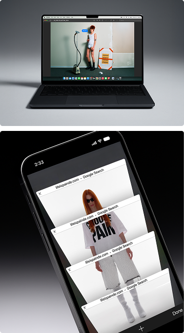 Obere Hälfte zeigt Laptop mit Bild einer Frau neben Staubsauger und Umzugskarton, untere Hälfte zeigt Smartphone mit mehreren übereinander liegenden Browserfenstern, die eine Frau in Modekleidung zeigen.