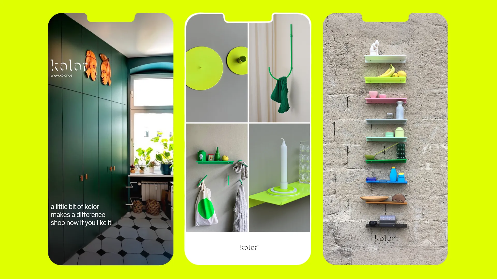 Drei Smartphone-Bildschirme zeigen farbenfrohe Wohnaccessoires und Regale, darunter grüne Schränke, bunte Haken und ein wandmontiertes Mehrfarbregal mit verschiedenen Objekten.