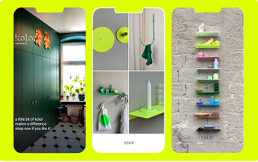 Drei vertikale Abschnitte zeigen ein grünes Interieur, moderne grüne und weiße Design-Accessoires und eine bunte Wandregal-Anordnung an grauer Wand.