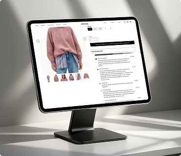 Tablet auf Ständer zeigt eine Online-Shop-Seite mit einem rosa Pullover und Jeans in einem Produktdetailfenster.