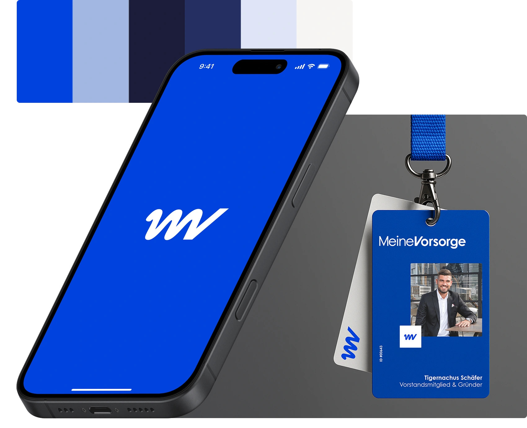 Smartphone mit blauem Bildschirm und weißem Logo neben Mitarbeiterausweis von Tigernachus Schäfer, Vorstandsmitglied & Gründer von MeineVorsorge.