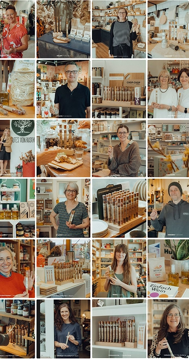 Collage of people smiling and presenting various packaged natural or artisanal products inside a cozy store.