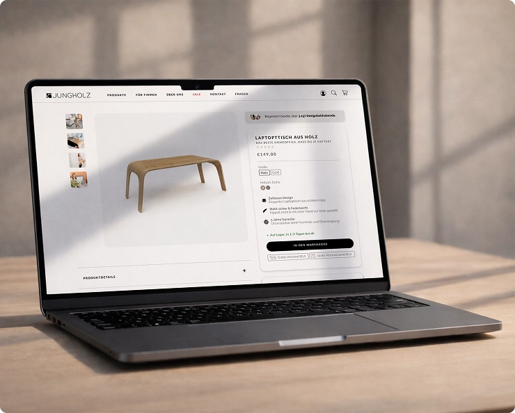 Laptop auf einem Holztisch zeigt eine Webseite mit einem hölzernen Laptop-Tisch zum Verkauf.