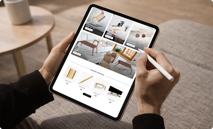 Person hält ein Tablet mit Onlineshop-Website für Holzprodukte, darunter Tabletts, Stifte, Tische und Zubehör.