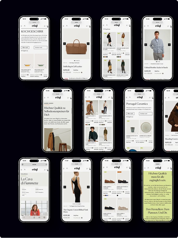 Mehrere iPhones zeigen verschiedene Seiten eines Online-Shops für nachhaltige Mode und Haushaltswaren mit Produkten wie Kochgeschirr, Taschen, Jacken und Keramik sowie Texten zur Unternehmensmission.
