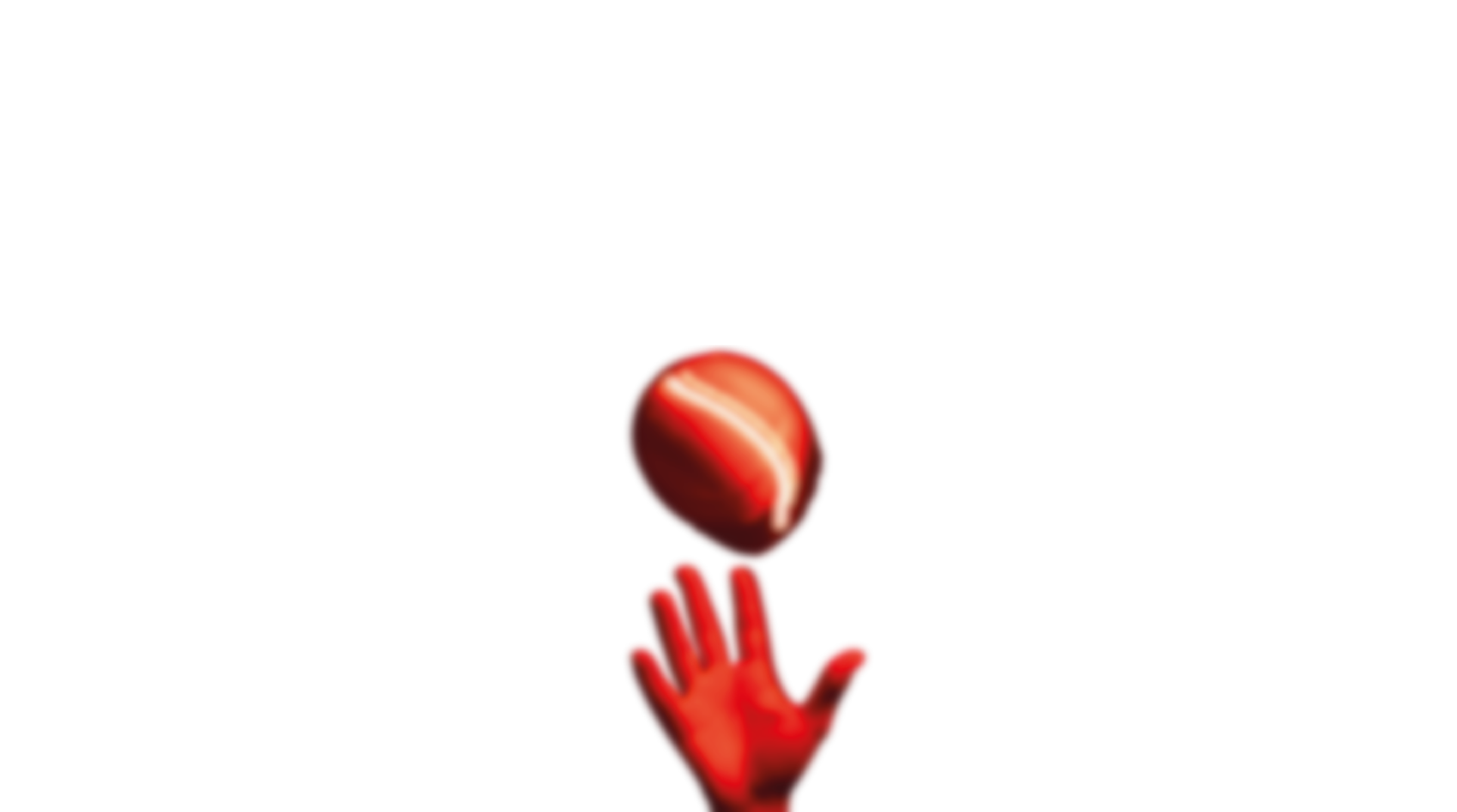 Rote Hand, die einen leuchtend roten Ball mit weißem Streifen fängt oder wirft vor schwarzem Hintergrund.