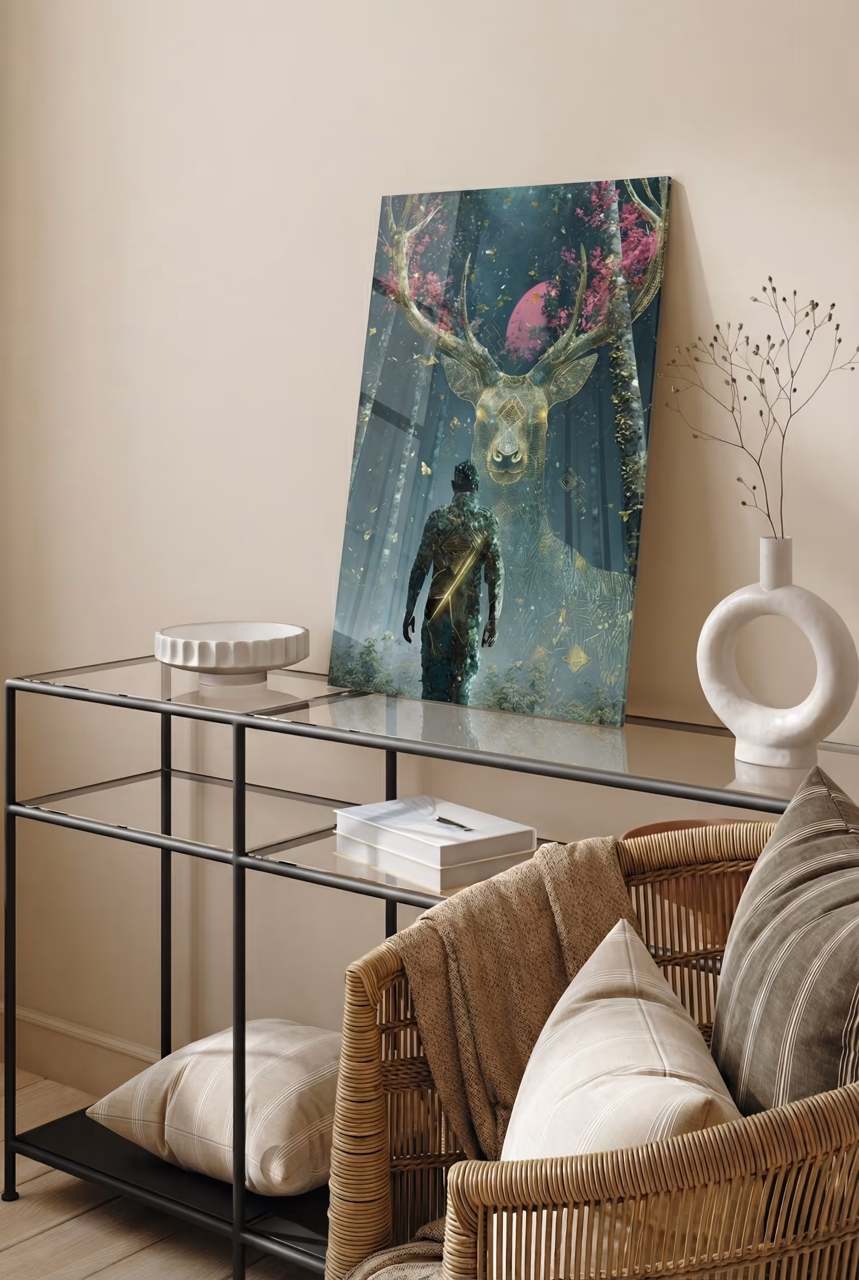 Wandbild eines Mannes im Wald, der einem großen, leuchtenden Hirsch mit pinken Blumen auf den Geweihen gegenübersteht.
