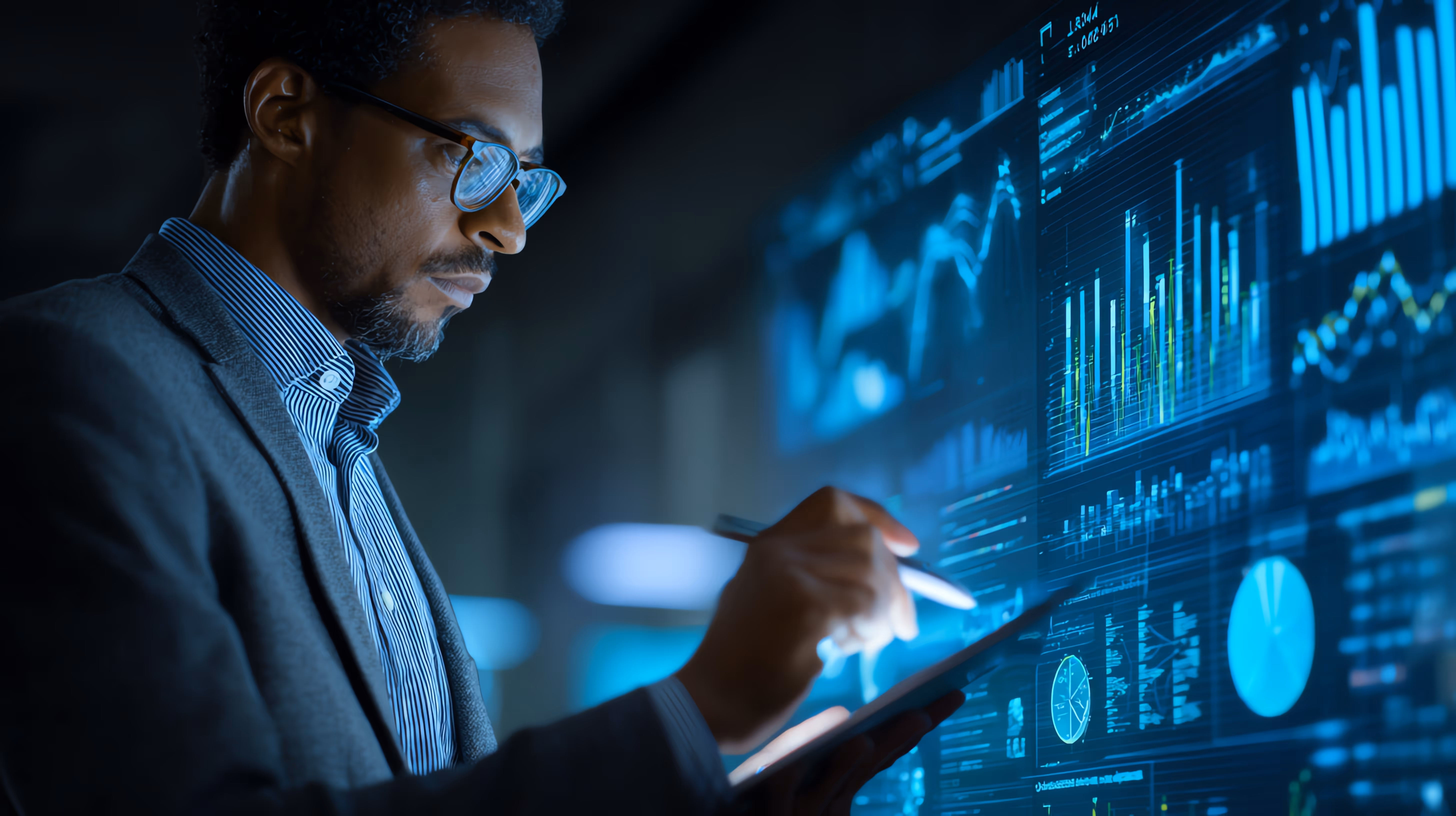 Man in glasses using a stylus on a tablet, analyzing digital financial charts and graphs displayed on a transparent screen.