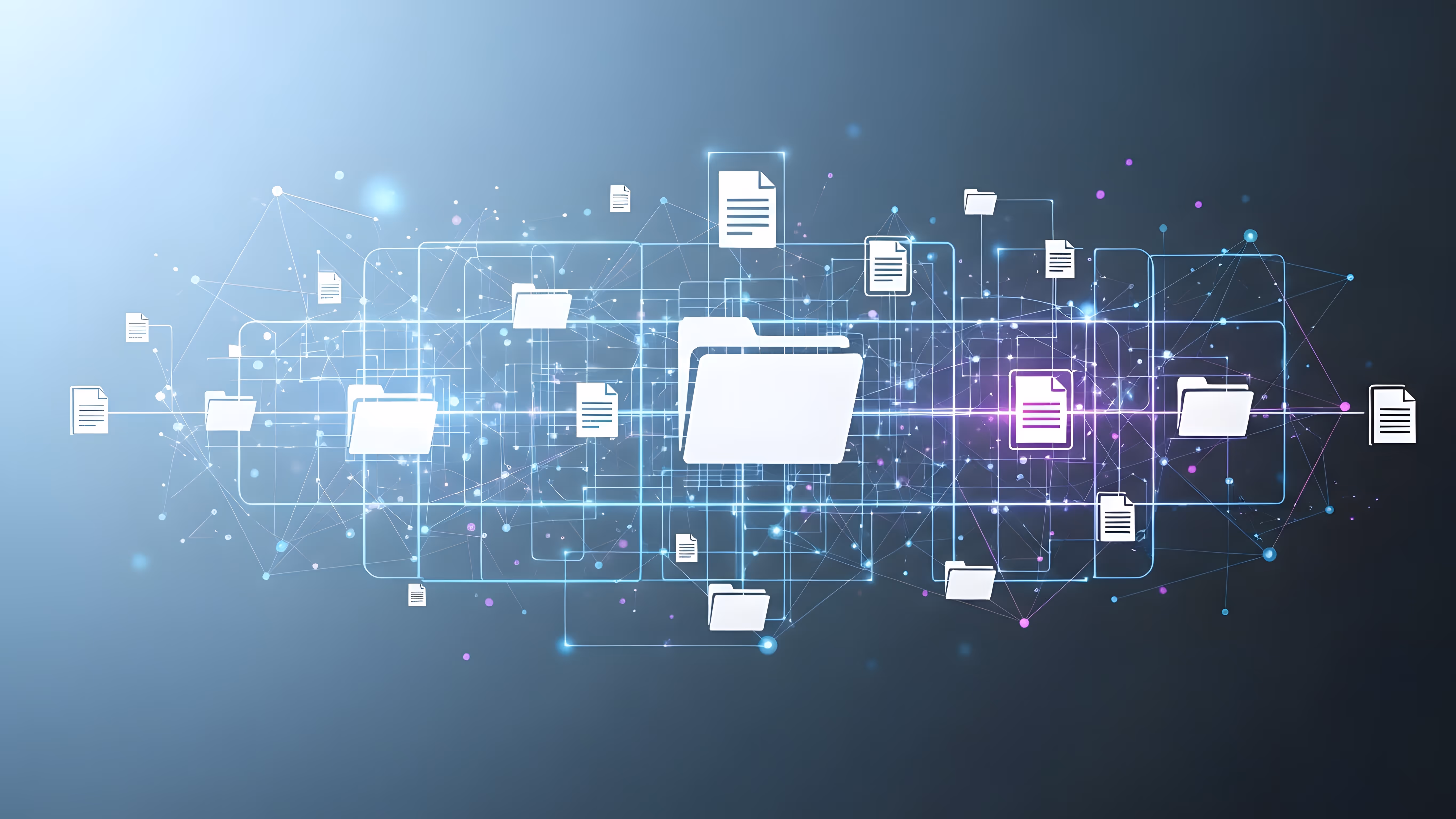 Digital network of interconnected white folder and document icons over a glowing blue background.