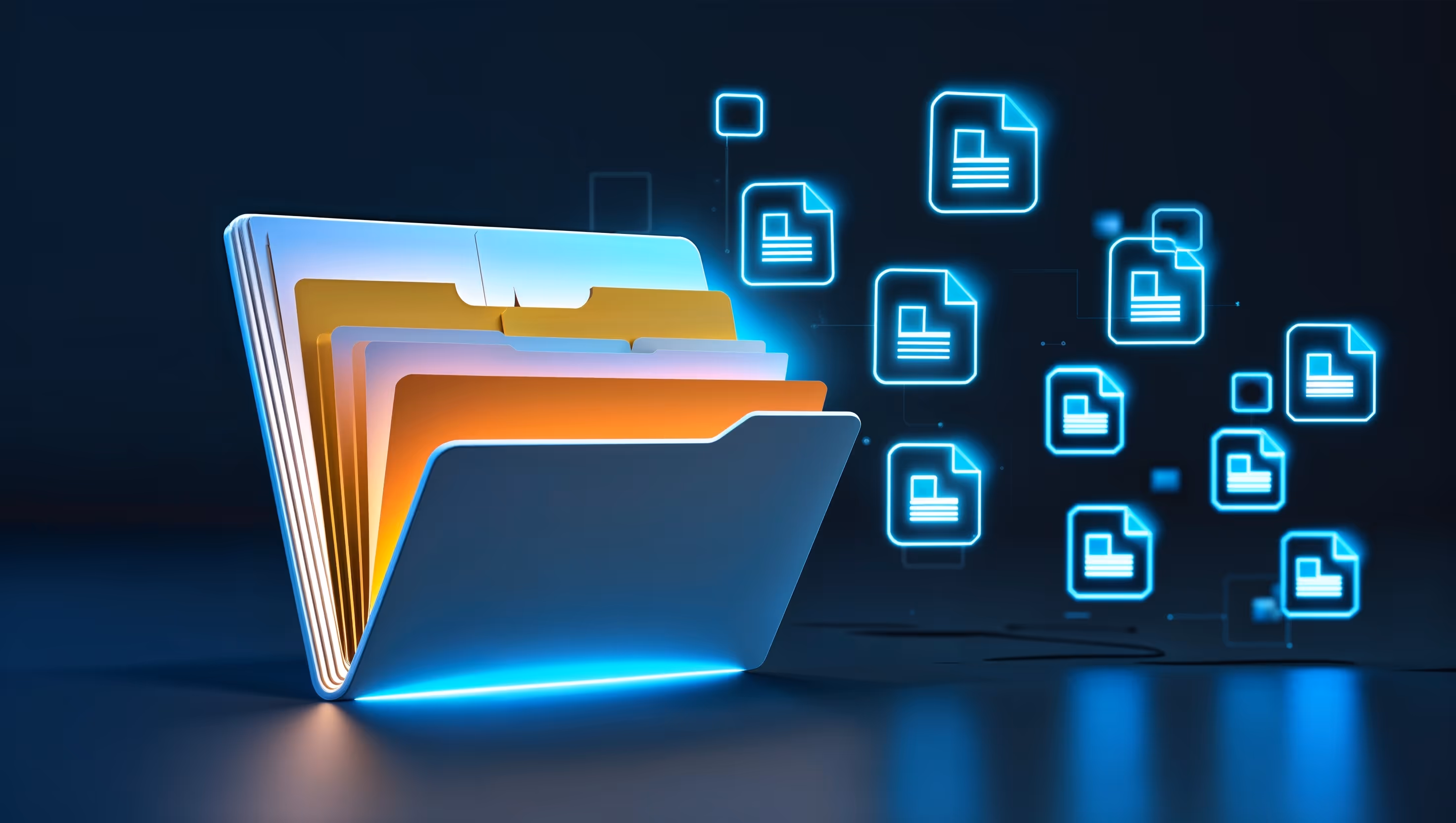 3D illustration of colorful file folders with glowing digital document icons floating beside them on a dark background.