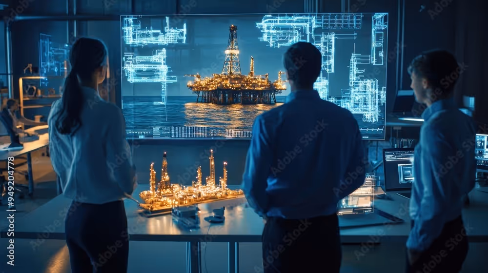 Three people in a dimly lit control room analyzing a holographic offshore oil rig model displayed on a screen and a physical model on a table.